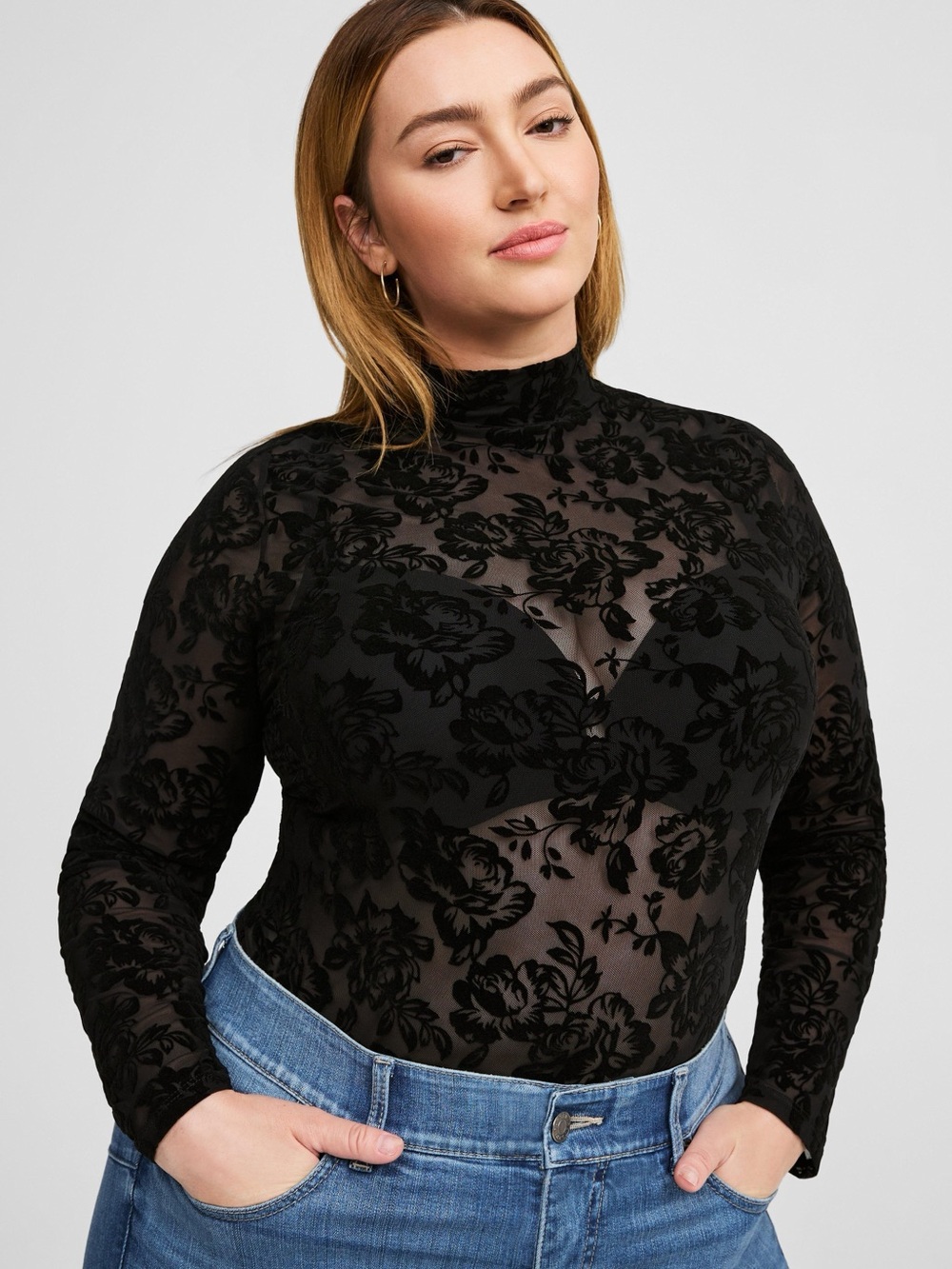 Torrid Flocked Mesh Mock Neck Long Sleeve Top
